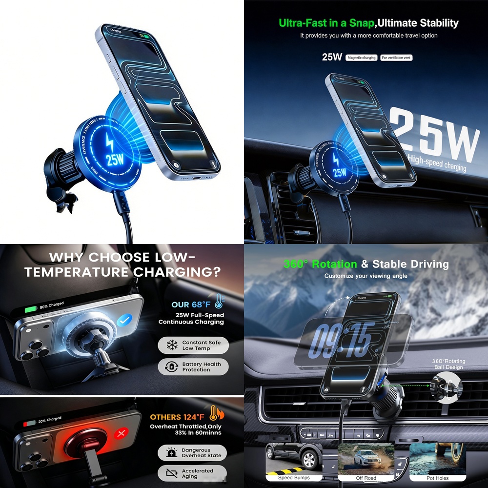 Magnetic Phone Holder For Car Vent - Güçlü 25W Manyetik Kablosuz Araç Şarj